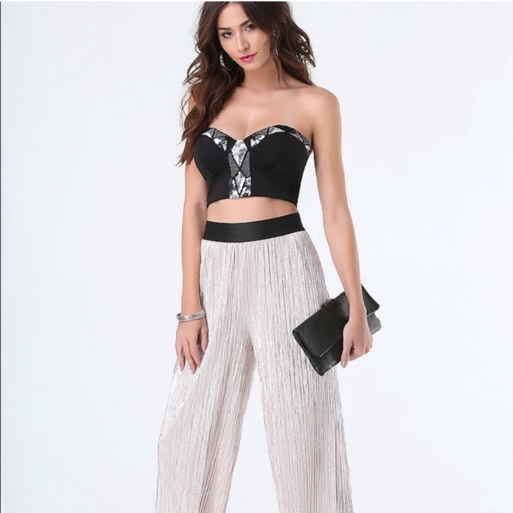 Bebe Sequin Bralette Crop Top Bustier Black Silver Strapless Sexy Like New Small